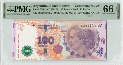 Argentina 100 Pesos 2016 Commemorative Pick 358c PMG Gem UNC 66 EPQ