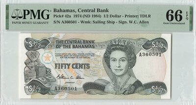 Bahamas ½ Dollar 1974 Pick 42a PMG Gem UNC 66 EPQ