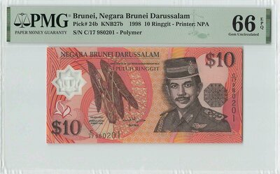 Brunei 10 Ringgit 1998 Pick 24b PMG Gem UNC 66 EPQ