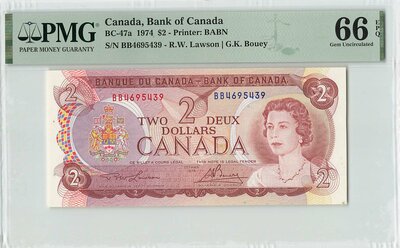 Canada 2 Dollars 1974 Pick 86 PMG Gem UNC 66 EPQ