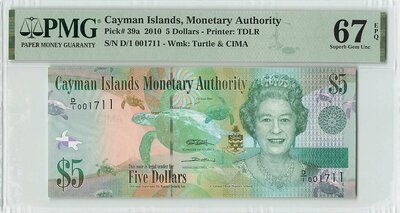 Cayman Islands 5 Dollars 2010 Pick 39a PMG Superb Gem UNC 67 EPQ