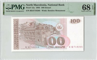 North Macedonia 100 Denari 1993 Pick 12a PMG Superb Gem UNC 68 EPQ TOP POP