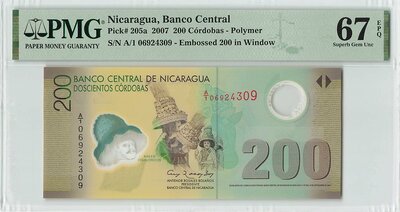Nicaragua 200 Cordobas 2007 Polymer Pick 205a PMG Superb Gem UNC 67 EPQ