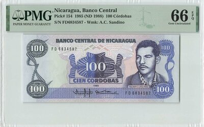 Nicaragua 100 Cordobas 1985 Pick 154 PMG Gem UNC 66 EPQ
