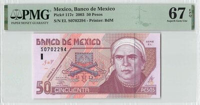 Mexico 50 Pesos 2003 Pick 117c PMG Superb Gem UNC 67 EPQ TOP POP