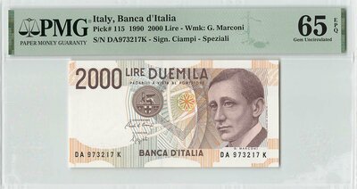 Italy 2000 Lire 1990 Pick 115 PMG Gem UNC 65 EPQ