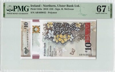 Northern Ireland 10 Pounds 2018 Polymer Pick 344a PMG Superb Gem UNC 67 EPQ