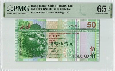 Hong Kong 50 Dollars 2009 Pick 208f PMG Gem UNC 65 EPQ