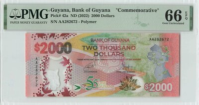 Guyana 2000 Dollars 2022 Polymer Commemorative Pick 42a PMG Gem UNC 66 EPQ