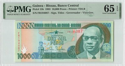 Guinea-Bissau 10000 Pesos 1993 Pick 15b PMG Gem UNC 65 EPQ