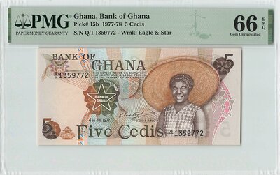 Ghana 5 Cedis 1977 Pick 15b PMG Gem UNC 66 EPQ