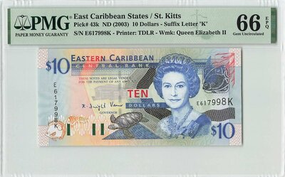East Caribbean States 10 Dollars 2003 St. Kitts Pick 43k PMG Gem UNC 66 EPQ