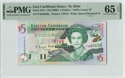 East Caribbean States 5 Dollars 2000 St. Kitts Pick 37k1 PMG Gem UNC 65 EPQ