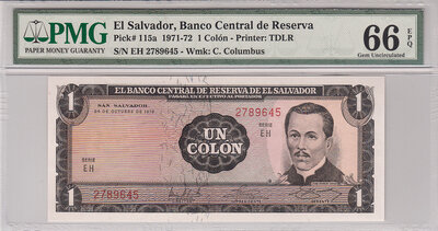 El Salvador 1 Colon 1972 Pick 115a PMG Gem UNC 66 EPQ