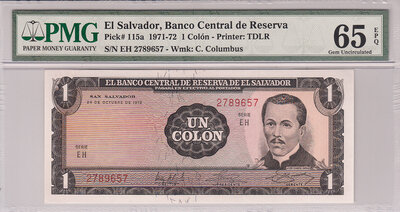 El Salvador 1 Colon 1972 Pick 115a PMG Gem UNC 65 EPQ
