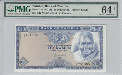Zambia 10 Kwacha ND1976 Pick 22a PMG Choice UNC 64 EPQ