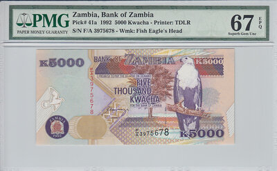 Zambia 5000 Kwacha 1992 Pick 41a PMG Superb Gem UNC 67 EPQ