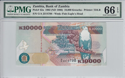 Zambia 10.000 Kwacha 1992 Pick 42a PMG Gem UNC 66 EPQ