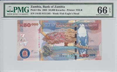 Zambia 50.000 Kwacha 2003 Pick 48a PMG Gem UNC 66 EPQ