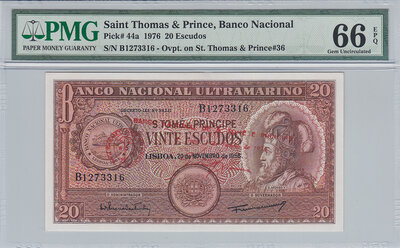 Saint Thomas & Prince 20 Escudos 1976 Pick 44a PMG Gem UNC 66 EPQ