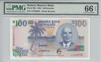 Malawi 100 Kwacha 1994 Pick 29b PMG Gem UNC 66 EPQ
