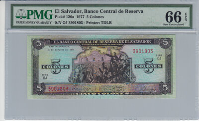 El Salvador 5 Colones 1977 Pick 126a PMG Gem UNC 66 EPQ