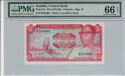 Gambia 5 Dalasis ND1972-86 Pick 5d PMG Gem UNC 66 EPQ