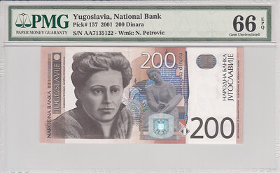 Yugoslavia 200 Dinara 2001 Pick 157 PMG Gem UNC 66 EPQ