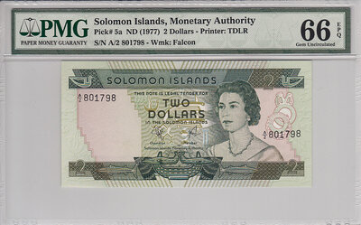 Solomon Islands 2 Dollars ND1977 Pick 5a PMG Gem UNC 66 EPQ