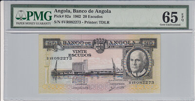 Angola 20 Escudos 1962 Pick 92a PMG Gem UNC 65 EPQ