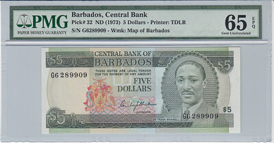 Barbados 5 Dollars ND1973 Pick 32 PMG Gem UNC 65 EPQ