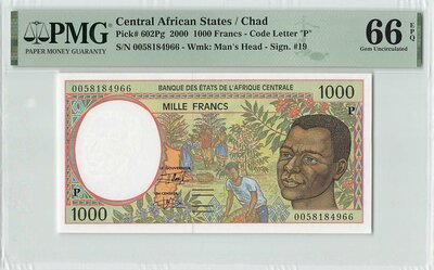 Central African States 1000 Francs 2000 Chad Pick 602Pg PMG Gem UNC 66 EPQ