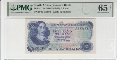 South Africa 2 Rand 1974 Repeater Serial Number 693693! Pick 117a PMG Gem UNC 65 EPQ