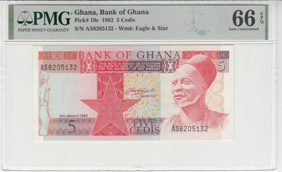 Ghana 5 Cedis 1982 Pick 19c PMG Gem UNC 66 EPQ