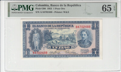 Colombia 1 Peso Oro 1953 Pick 398 PMG Gem UNC 65 EPQ