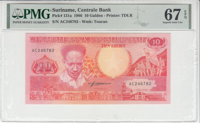 Suriname 10 Gulden 1986 Pick 131a PMG Superb Gem UNC 67 EPQ