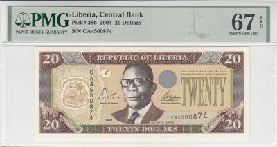 Liberia 20 Dollars 2004 Pick 28b PMG Superb Gem UNC 67 EPQ