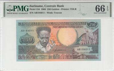 Suriname 250 Gulden 1988 Pick 134 PMG Gem UNC 66 EPQ