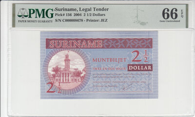 Suriname 2½ Dollar 2004 Pick 156 PMG Gem UNC 66 EPQ