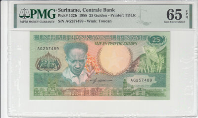 Suriname 25 Gulden 1988 Pick 132b PMG Gem UNC 65 EPQ