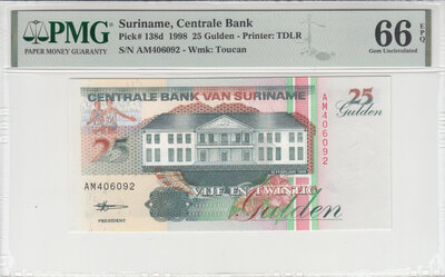 Suriname 25 Gulden 1998 Pick 138d PMG Gem UNC 66 EPQ
