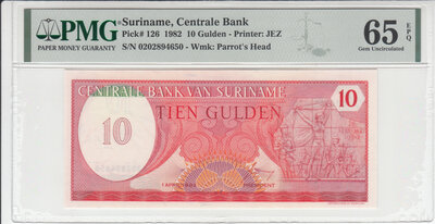 Suriname 10 Gulden 1982 Pick 126 PMG Gem UNC 65 EPQ