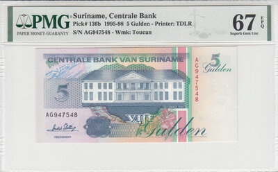 Suriname 5 Gulden 1996 Pick 136b PMG 67