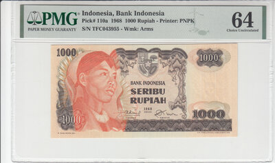 Indonesia 1000 Rupiah 1968 Pick 110a PMG Choice UNC 64
