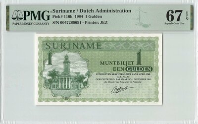 Suriname 1 Gulden 1984 Pick 116h PMG Superb Gem UNC 67 EPQ
