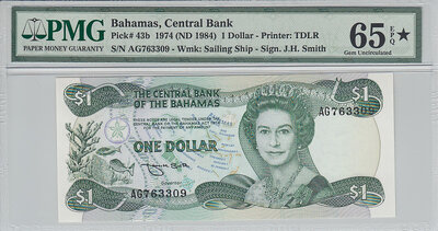 Bahamas 1 Dollar 1974 Pick 43b PMG Gem UNC 65 Star EPQ