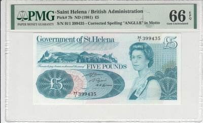 Saint Helena 5 Pounds ND 1981 Pick 7b PMG Gem UNC 66 EPQ