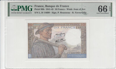 France 10 Francs 1942 Pick 99b PMG Gem UNC 66 EPQ