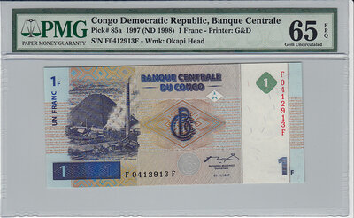 Congo Democratic Republic 1 Franc 1997 Pick 85a PMG Gem UNC 65 EPQ