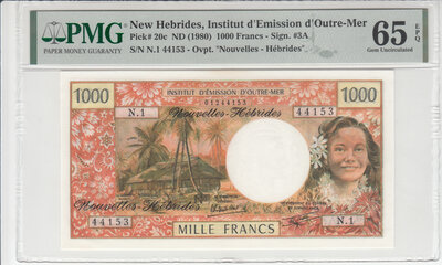 New Hebrides 1000 Francs ND 1980 Pick 20c PMG Gem UNC 65 EPQ